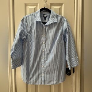 Lands End Sz 12 3/4-Sleeve Pattern CVC Broadcloth Shirt, Chicory Blue Stripe